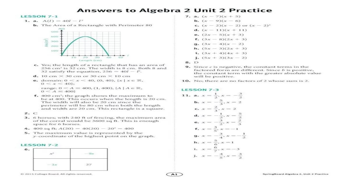 Springboard math algebra 1 answer key