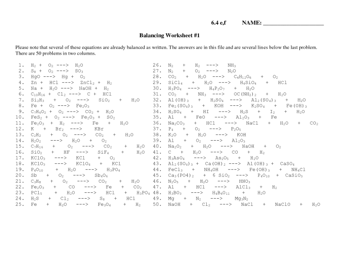 Intro to balancing equations worksheet answer key