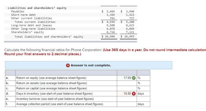 Calculate the following financial ratios for phone corporation